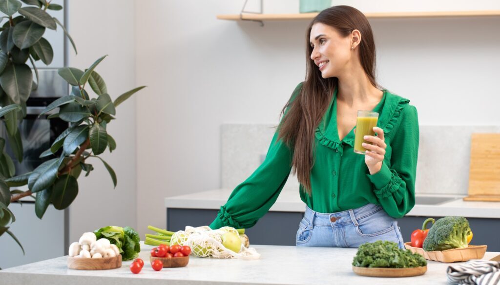 an-attractive-woman-is-standing-in-the-kitchen-with-a-glass-of-green-smoothie-healthy-eating