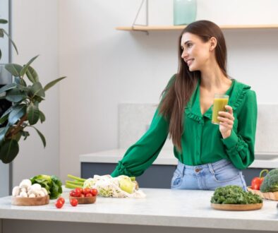 an-attractive-woman-is-standing-in-the-kitchen-with-a-glass-of-green-smoothie-healthy-eating
